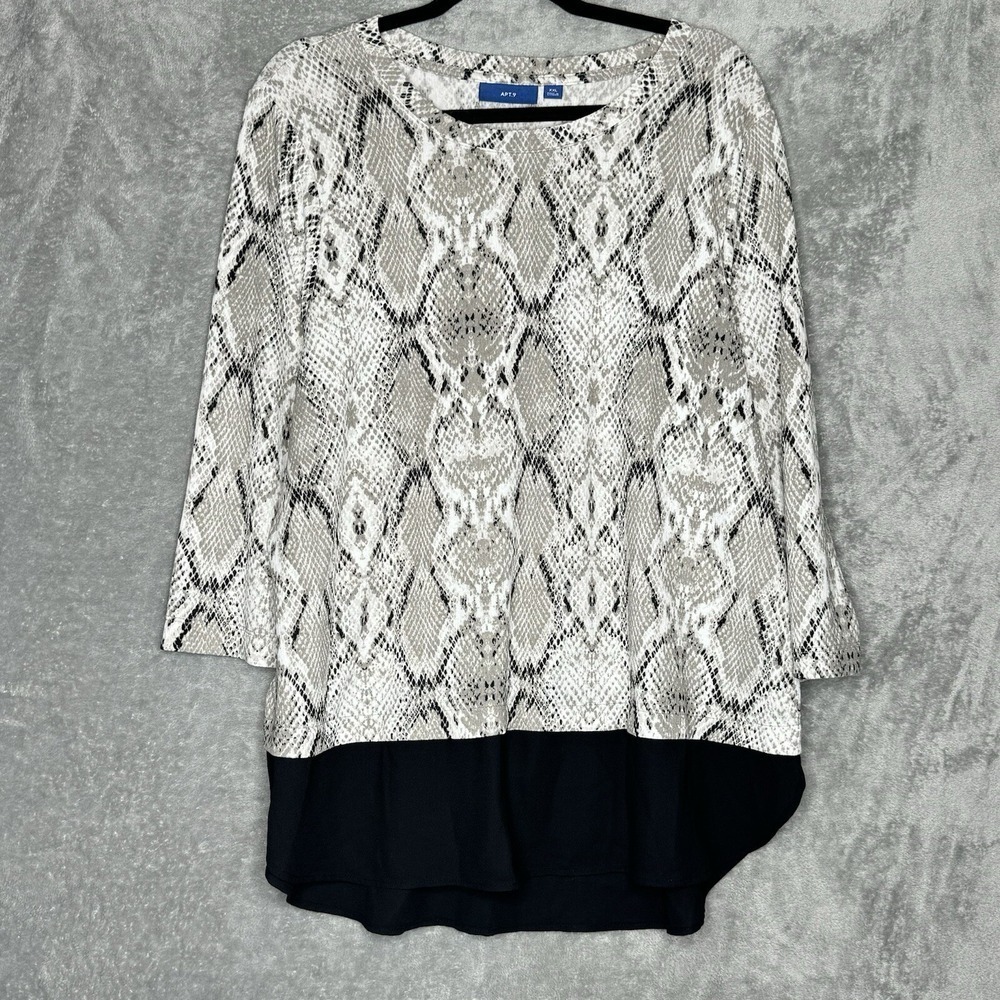 Apt 9 XXL 2X Top Shirt Gray Snake Print 3/4 Sleeve Scoop Neck Stretch Womens